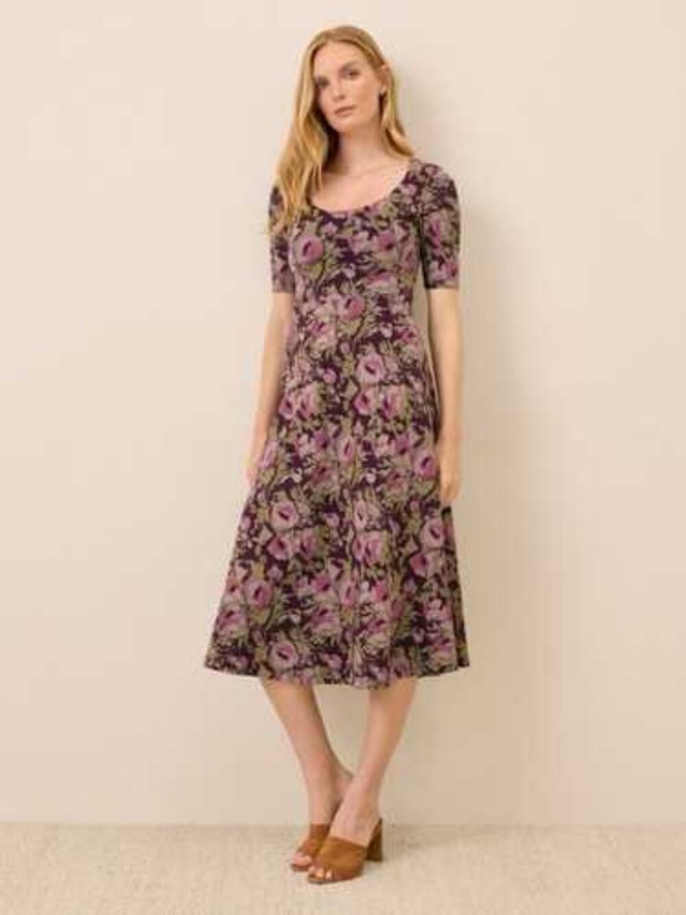 $128 Pact Fit & Flare Signature Scoop Midi Dress Organic Cotton Size S